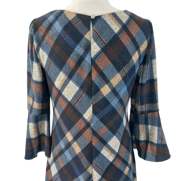 JH! BOLD PLAID NAVY, RUST, WHITE BELL SLEEVE SHIFT STYLE DRESS, SO PRETTY! SZ 8 - Picture 6 of 10